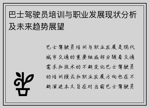 巴士驾驶员培训与职业发展现状分析及未来趋势展望 巴士驾驶员培训与职业发展现状分析及未来趋势展望
